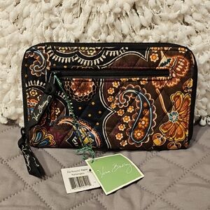 Vera Bradley Kensington Zip Around Paisley Quilted Wallet - Black, Brown, Orange
